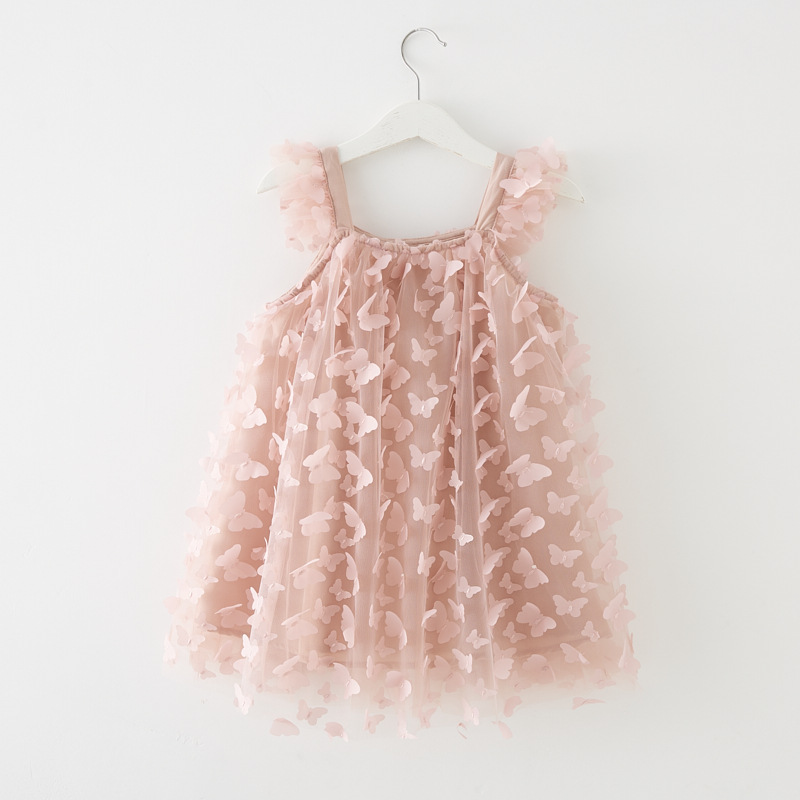 2023 Children's Skirt Summer New Butterfly 3D Embroidered Girl's Veil Skirt Flying Sleeve Dress Strap Princess Skirt Spot Hair