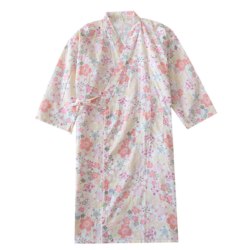 Pajamas Women's Spring and Summer Japanese Kimono Cotton Printed Nightgown Thin Women's Lace-Up Bathrobe Summer Women's Home Clothes
