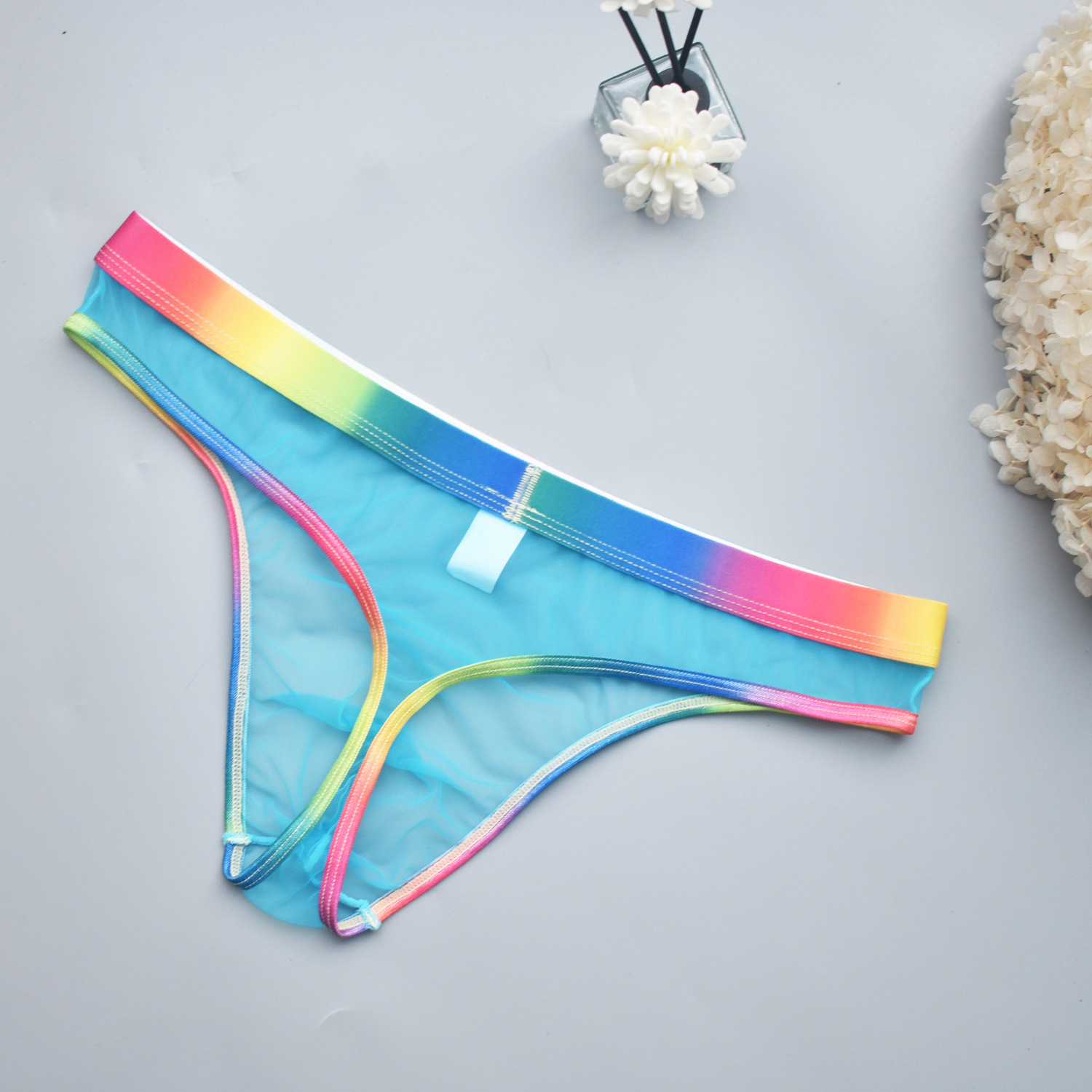 Foreign trade in stock men's sexy underwear see-through sexy rainbow edge men's thong dew point temptation men B902