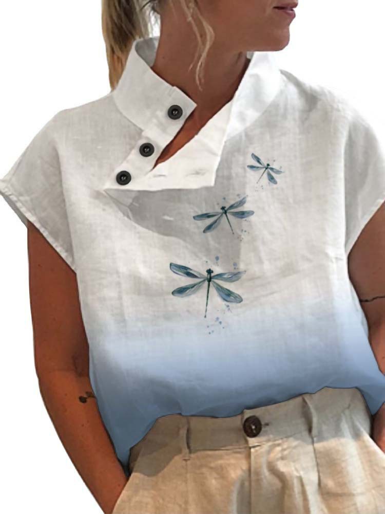 2023 Foreign Trade Cross-border New Women's Casual Standing Collar Short-sleeved Regular Pullover Digital Printed Women's Top T-shirt
