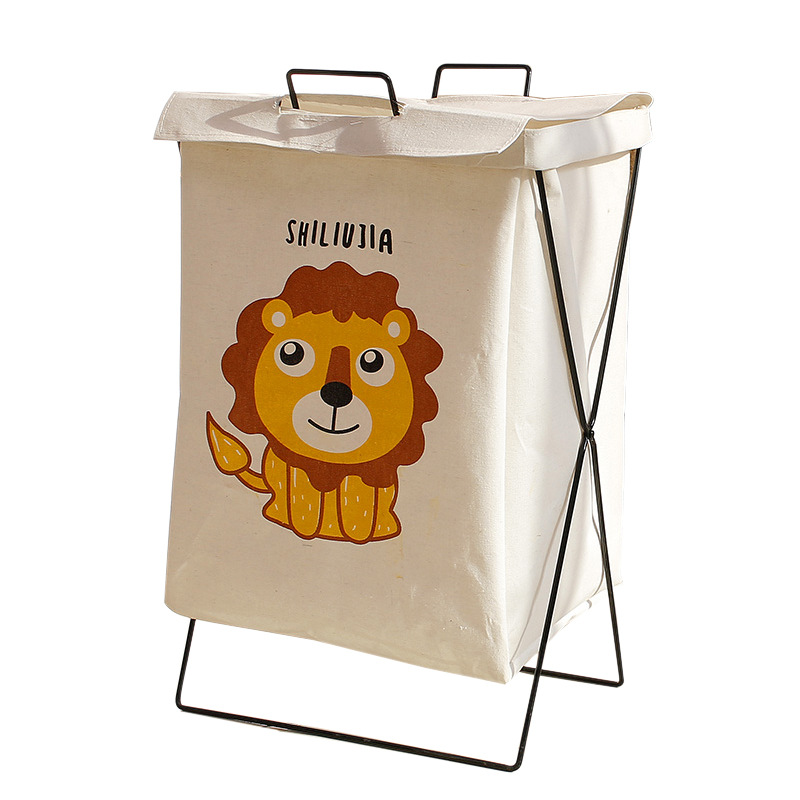 Waterproof cotton linen laundry basket laundry basket clothes storage basket Japanese simple iron bracket fabric folding laundry basket bucket