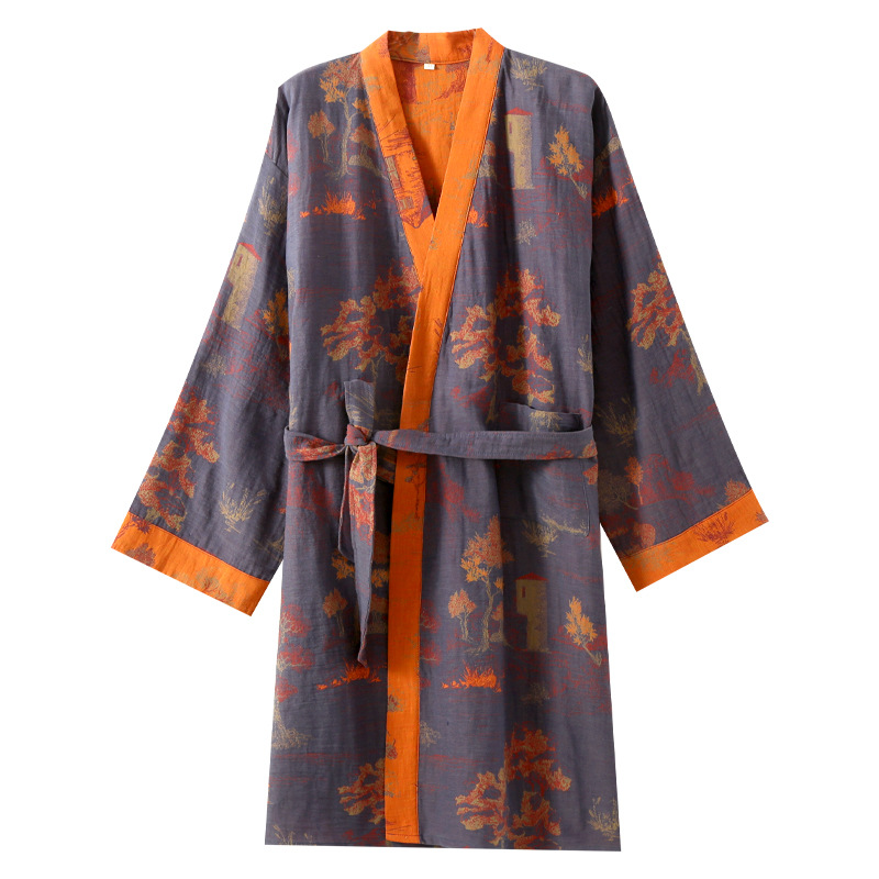 Men's lace-up nightgown spring/summer autumn mid-length kimono bathrobe double-layer mesh jacquard cotton home wear sweat steaming clothes