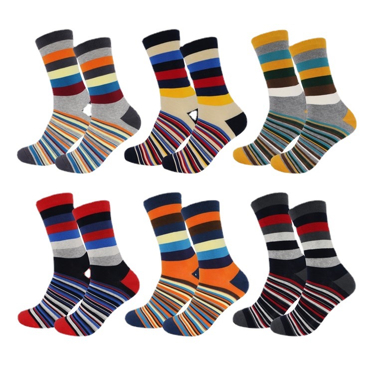 Cross-border Amazon Spring and Summer Men's Mid-size Socks ins Japanese Color Casual Men's Socks Color Strip Cotton Socks Sports Socks