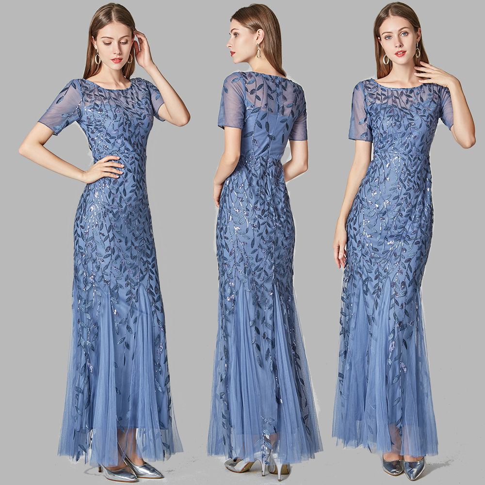 Spring and Summer cross-border 2024 banquet host European and American slim mesh sequined evening dress fishtail dress women