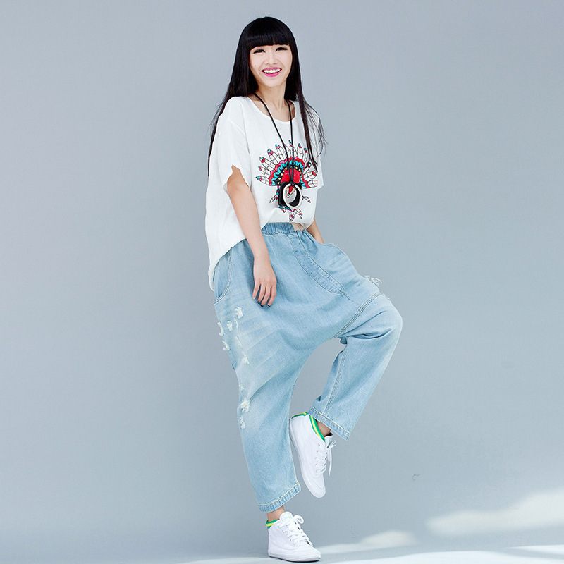 2024 denim casual baggy pants big crotch pants loose personality ripped irregular slimming Korean style wandering notes
