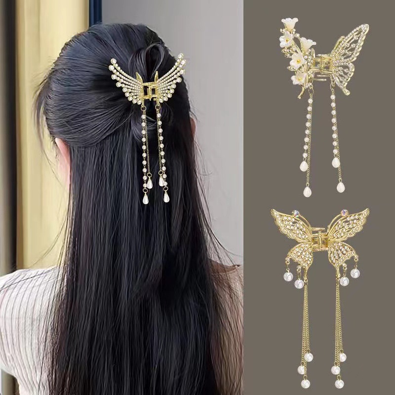 Metal butterfly hairpin women's high-grade temperament half-tie hair tassel pendant hair accessories 2023 new back head clip_voghion.com