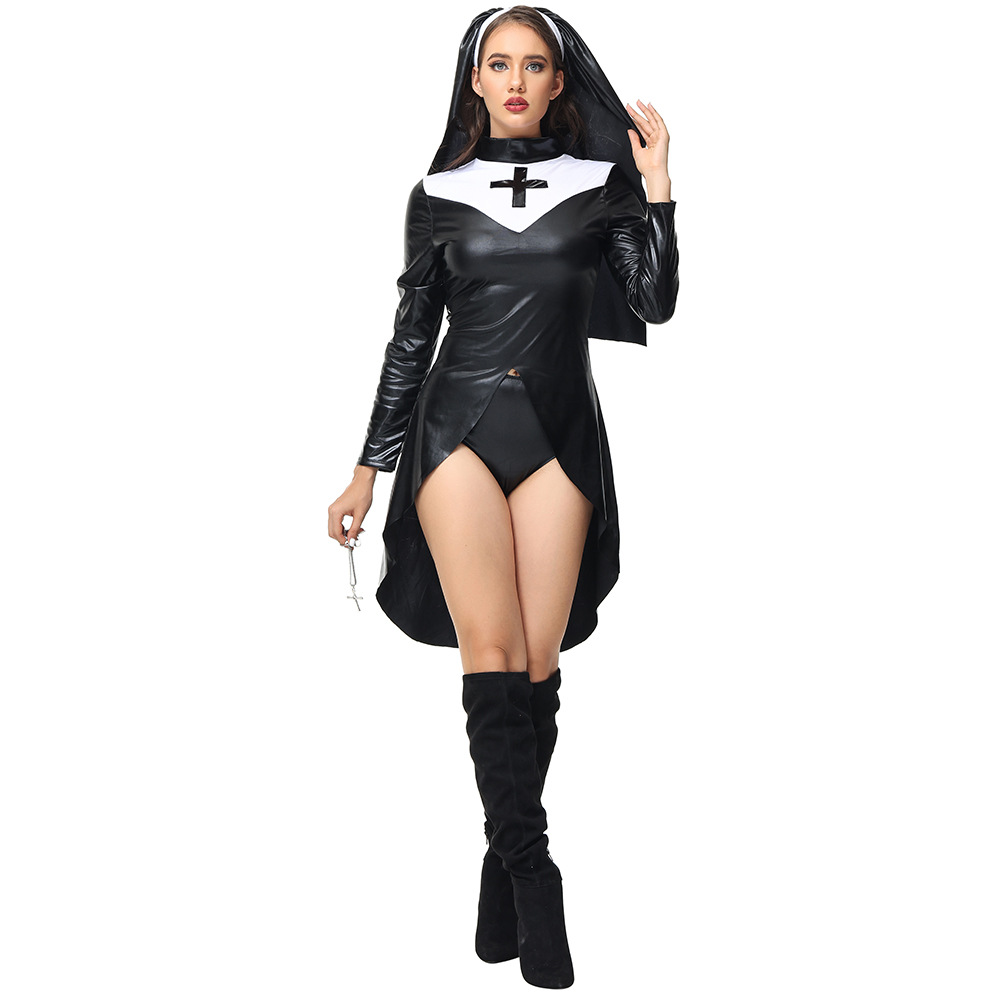 Europe and the United States cross-border foreign trade Amazon sexy jumpsuit patent leather uniform leather suit sexy nun cos suit