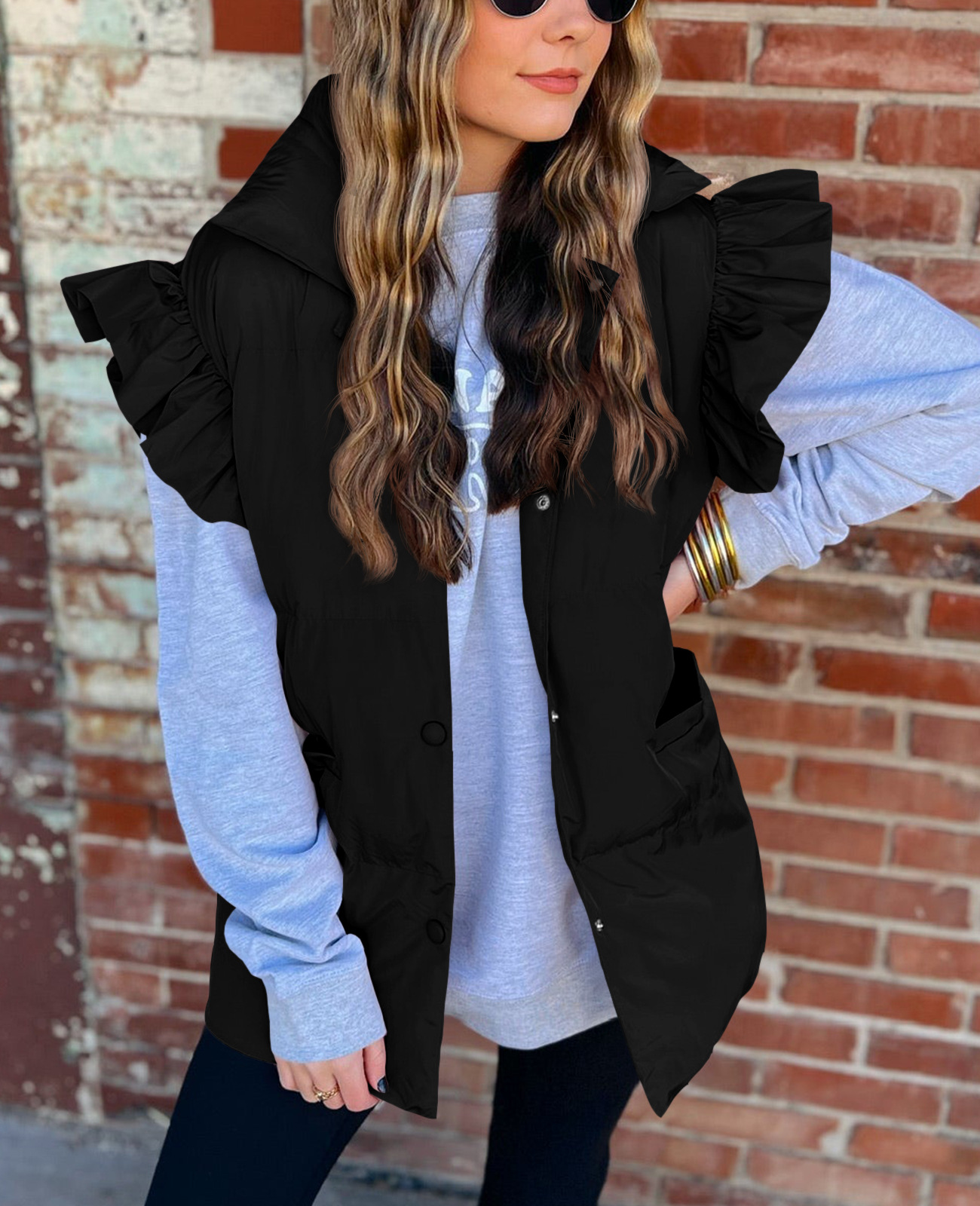 Grenzüberschreitende europäische und amerikanische Herbst- und Winterneuheiten mit lockerer Tasche und Baumwollpolsterung, fliegende Ärmel, elegante Weste, Stehkragen, Mode, Einreiher_voghion.com