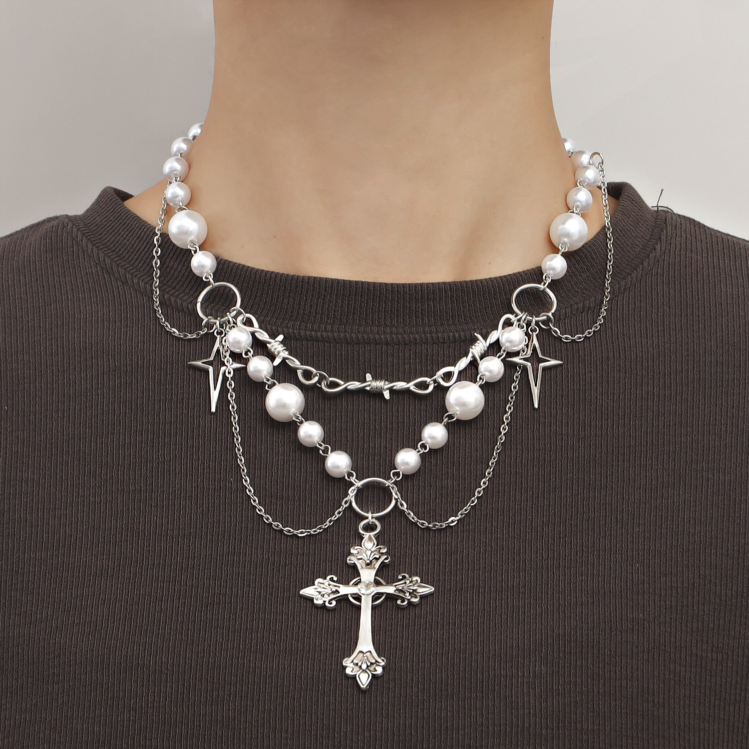 European and American Cross-border Jewelry Niche Design Double-layer Highlight Pearl Tassel Cross Star Necklace Female All-match