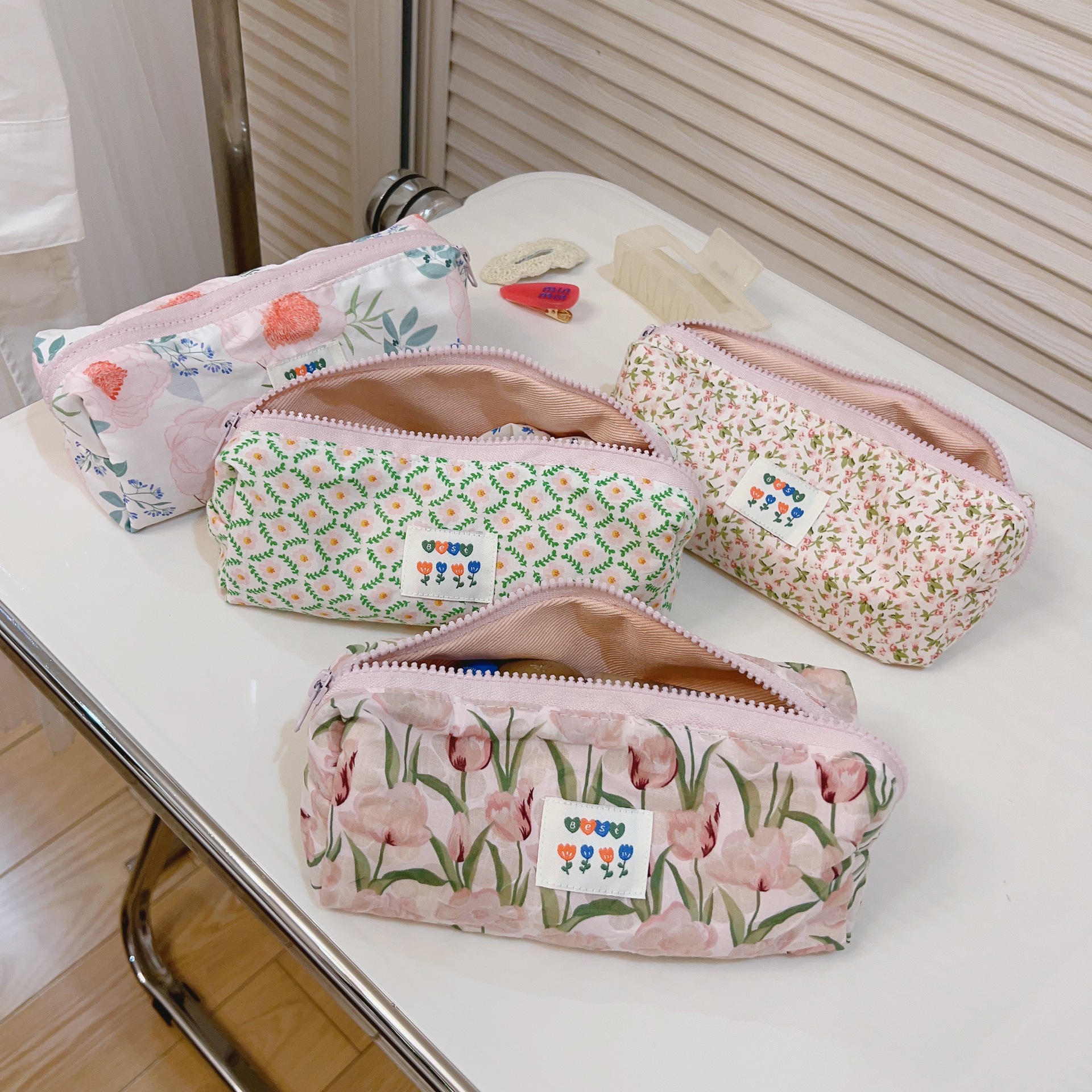 [Suxi cloth bag] Fresh pink floral pencil case stationery storage cotton bag long cosmetic bag