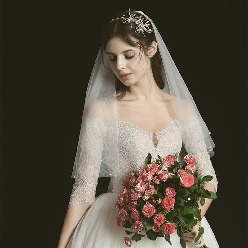 European-style simple short double-layer soft mesh white veil bridal wedding veil headdress wedding travel photography pearl veil