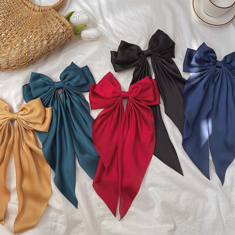 Cross-border satin ribbon bow hair accessories simple temperament female bow hairpin back head spring clip hairpin_voghion.com