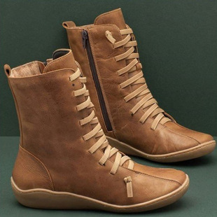 2022 New Lace-up Side Zipper Ladies Boots Flat Heel Casual Shoes Low Barrel Martin Boots Amazon wish Foreign Trade Boots