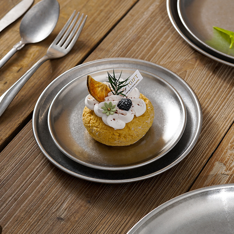 Stainless Steel Barbecue Plate Disc Sushi Plate Industrial Style Old Dish Western Food Plate Steak Cuisine Snack Plate Classical Plate