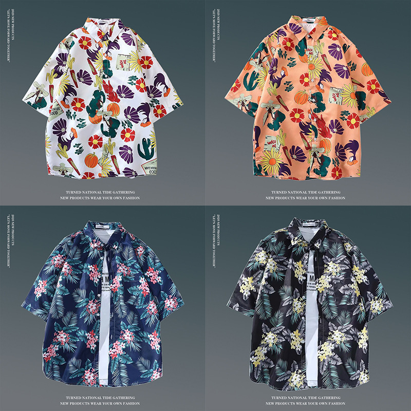 Hawaiian floral shirt men's retro couple trend casual loose popular beach vacation floral short-sleeved shirt trendy