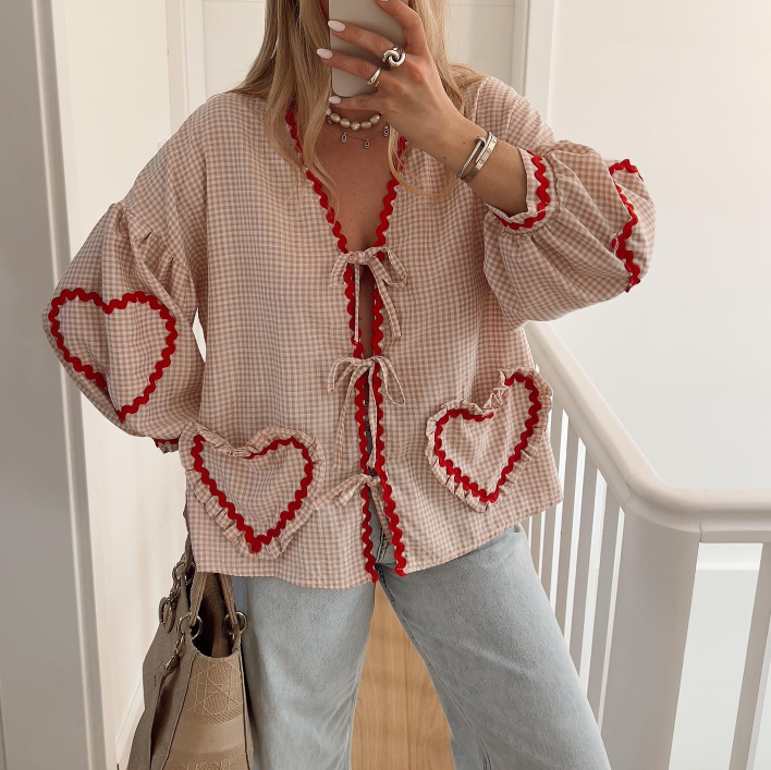 European and American Cross-border Explosions 2024 New Plaid V-neck Shirt Love Pocket Lace-up Long Sleeve Loose Top
