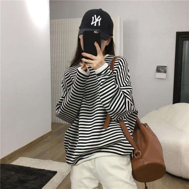 Striped Sweatshirt Women's Spring and Autumn Thin Korean-style Loose Cotton chic Top oversize Lazy Casual Coat
