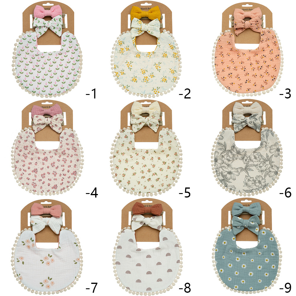 Cross-border new baby printed bib double-layer gauze baby cotton bib children bow headband suit