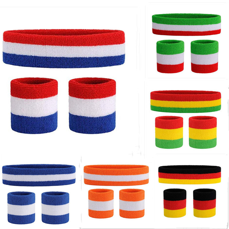 A variety of in stock stripes 1 headband 2 wristband sports protective gear combination Cotton Sweat-absorbent warm sweat-wiping can be used as LOGO