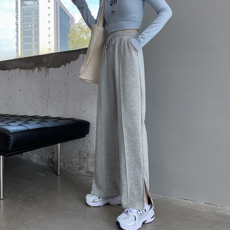 Black Side Slit Pants Women's Spring and Autumn Draping High Waist Slim Look Women's Loose Wide Leg Straight Trousers