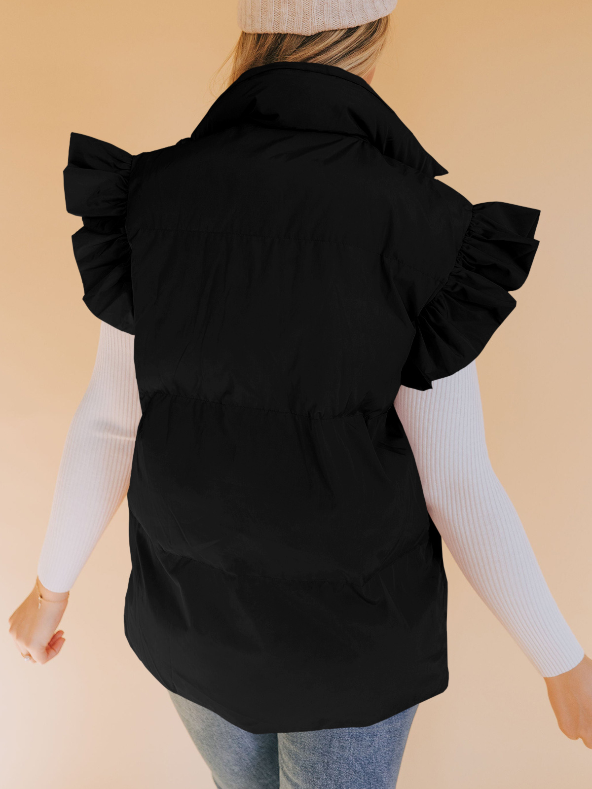 Grenzüberschreitende europäische und amerikanische Herbst- und Winterneuheiten mit lockerer Tasche und Baumwollpolsterung, fliegende Ärmel, elegante Weste, Stehkragen, Mode, Einreiher_voghion.com