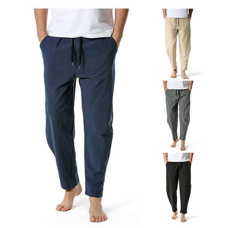 Men's linen cotton loose casual lightweight elastic waist pants yoga pants home pants K04