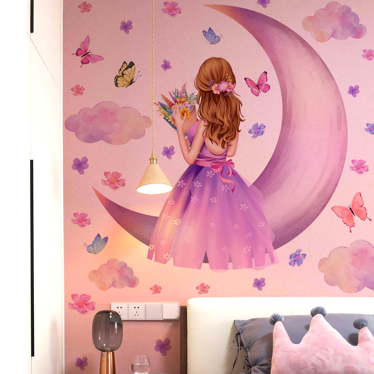 MS8618 New Moon Girl Bouquet Star Butterfly фон декоративная настенная наклейка для спальни девушки самоклеящаяся Настенная Наклейка
