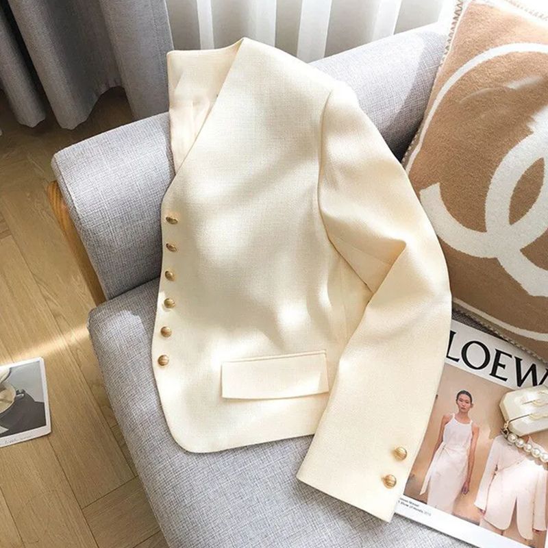 Chanel style suit jacket women's short autumn new creamy-white simple temperament small V-neck suit