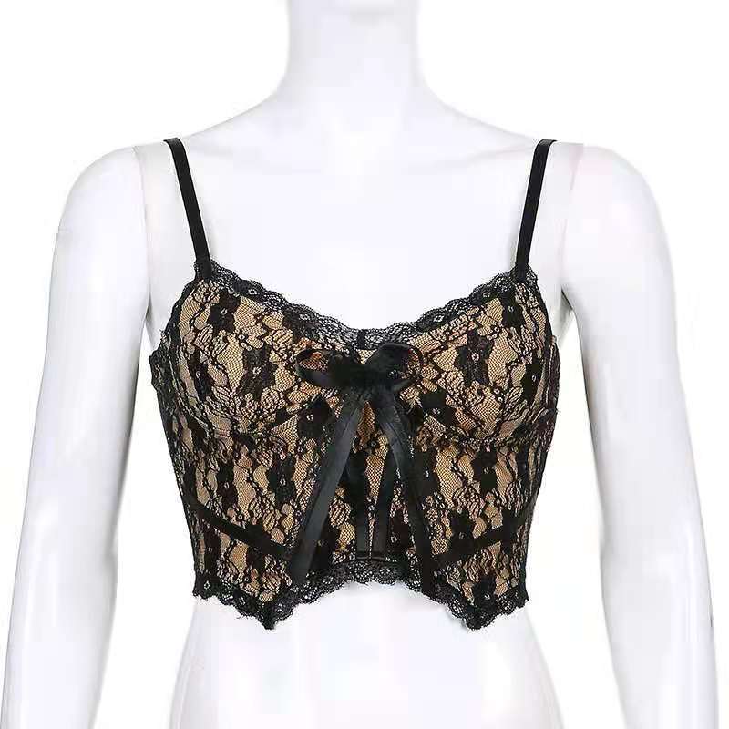 DARLINGAGA Irregular lace stitching V-neck camisole women's European and American sexy bow chest top