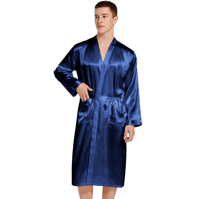 Cross-border High-end Spring and Summer Thin Silk-like European and American Style Household Nightgown plus size Loose Men's Long Bathrobe