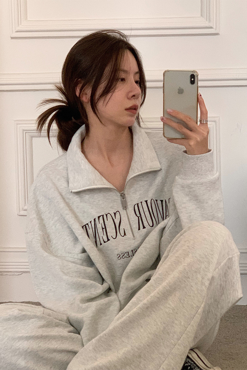 American-style gray polo collar sweater women's spring and autumn thin loose pullover Hong Kong style chic zipper top lazy coat