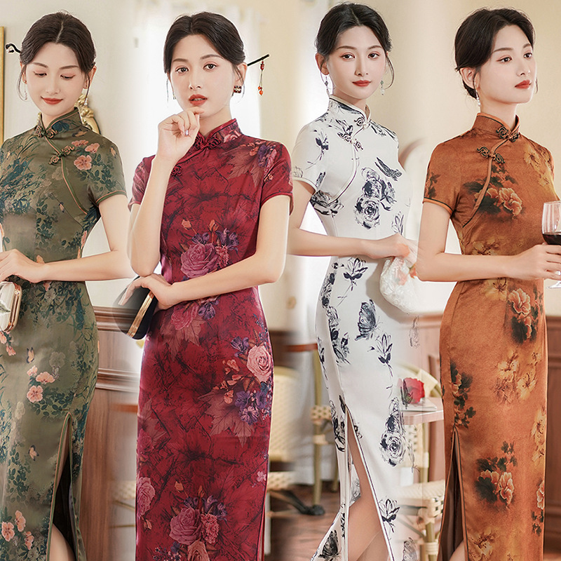 2023 spring and summer new cheongsam dress women's satin dress retro slim fashion banquet Costumes Wholesale