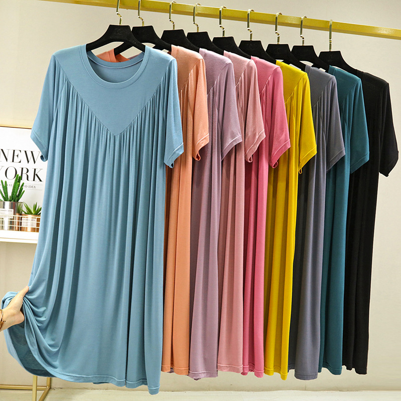 Modal Nightdress Summer Fat Girls Loose Large Size Casual Short Sleeve Dress V-shaped Pleated Thin Home Dress