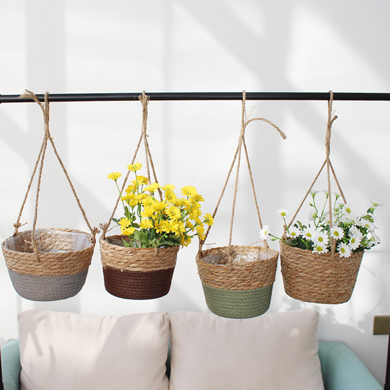 Straw hanging basket flower pot hemp rope woven flower basket rattan basket hanging orchid pot plant flower pot hanging hanging hanging pot