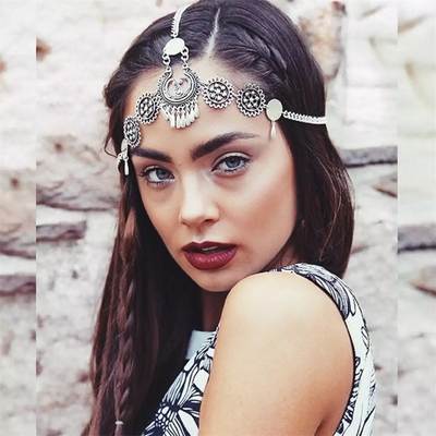 FD0005 European and American retro ethnic style personalized headdress metal carved pattern water drop tassel headband hair chain hair band