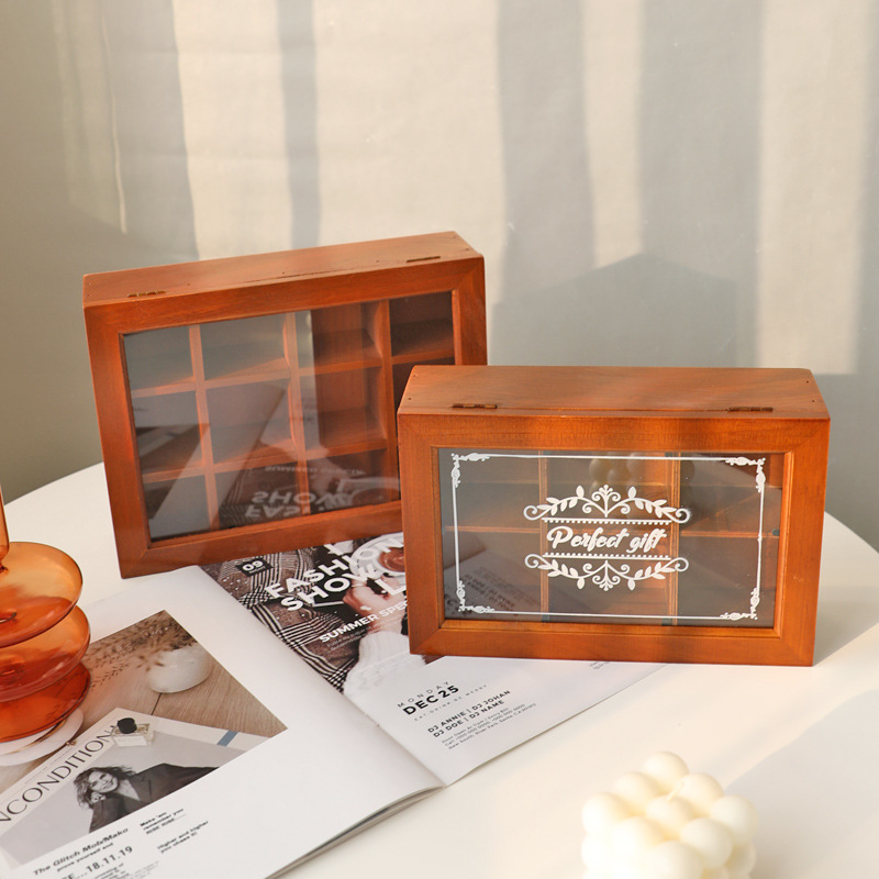 Nordic Vintage Wooden Desktop Finishing Jewelry Storage Box with Flip Cover Six-Palace Printed Glass Cover Storage Wooden Box