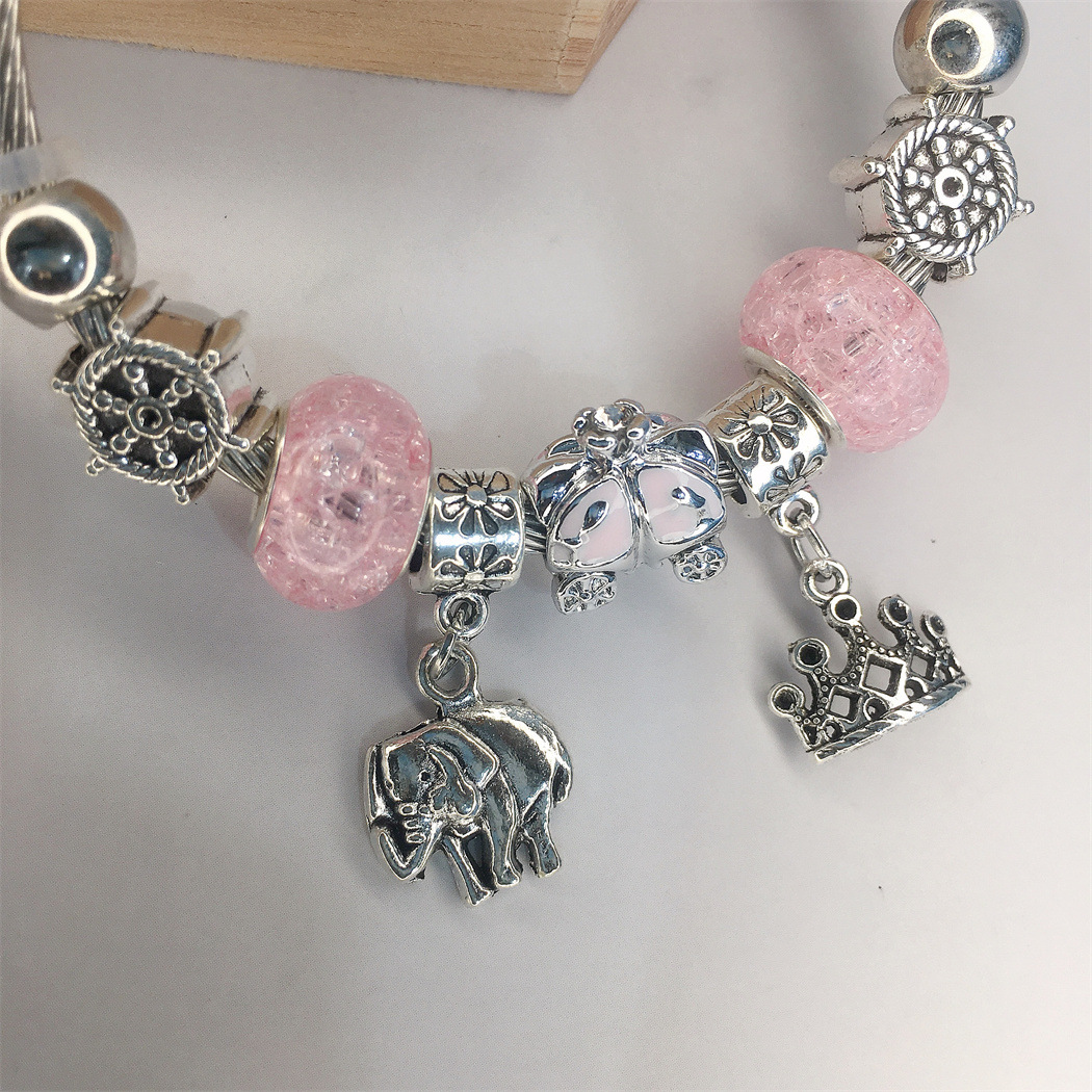 Panjia Classic Style Amazon Hot Sale Peace Elephant Crown Stainless Steel Adjustable DIY Handmade Beaded Bracelet