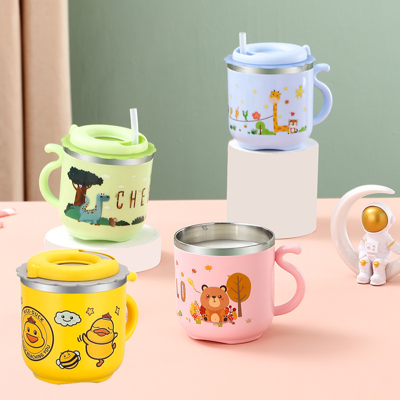 304 Stainless Steel Water Cup with Straw Kindergarten Mouth Cup Double Layer Cute Children's Milk Cup Yellow Duck Gift