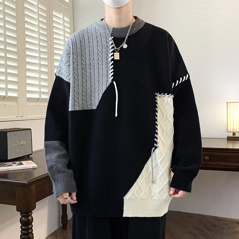 Anyang Contrast Color Crewneck Sweater Men's Autumn and Winter New Fashion Brand Knitwear Lazy Style Design Sense Loose Couples Sweater