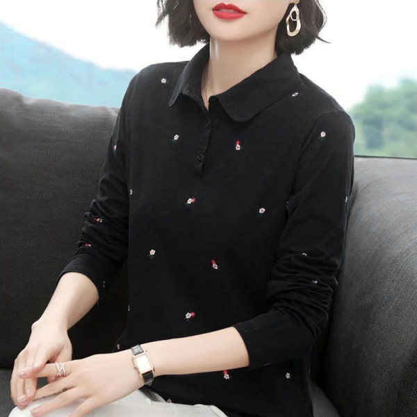 Polo Shirt Long-sleeved T-shirt Women's Loose Large Size Mother's Spring 2032 New T-shirt Slimming Top Base Shirt