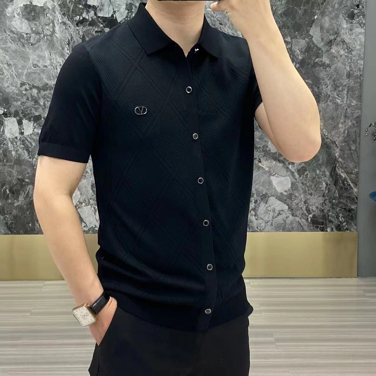 Autumn new men's high-grade light luxury long-sleeved shirt fashion business casual slim fit stitching long-sleeved T-shirt wholesale