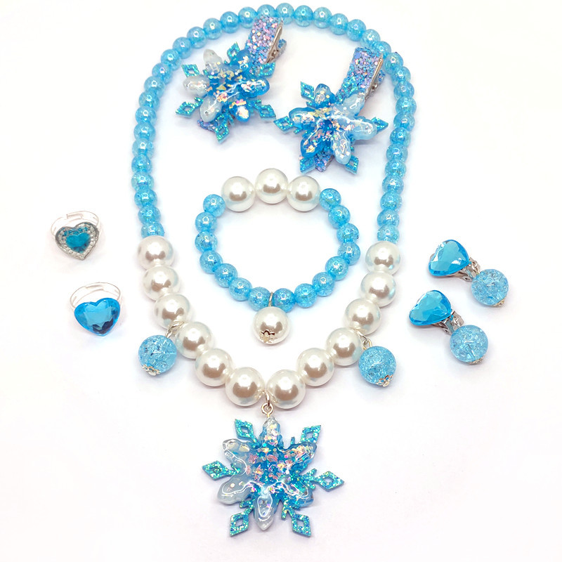 Cross-border New Frozen Snowflake Children Pearl Necklace Bracelet Ear Clip Ring Hairpin Set Girl Jewelry