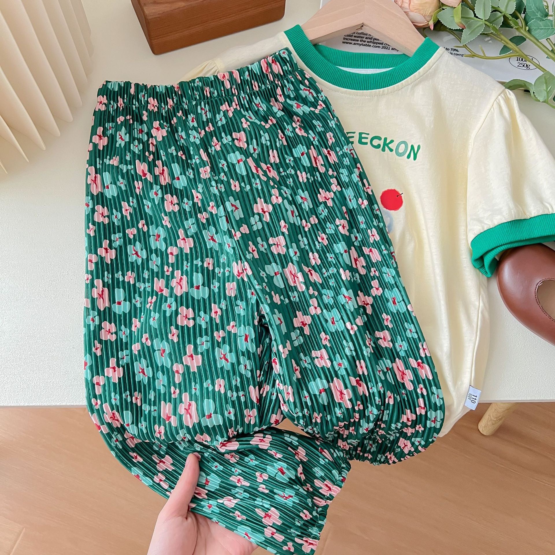 Children's Set 2023 New Style Cotton Girl's Cartoon T-shirt Cute Baby Floral Anti-mosquito Pants Korean Casual Set