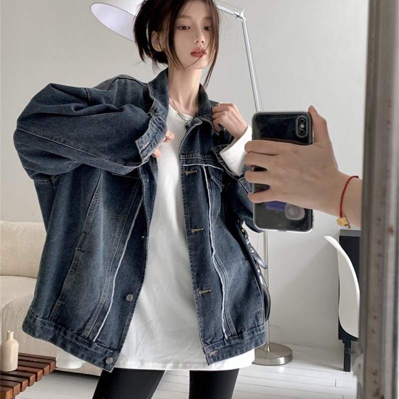 2025 Spring and Autumn New Korean Style Street Style Retro Washed Denim Coat Women's Rust Distressed Denim Loose Trendy
