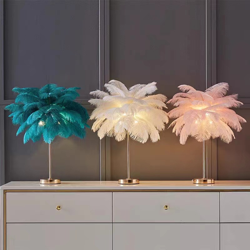 New Feather Table Lamp ins Nordic Pink Cyber Red Background Photo Room Ornaments Gift Decoration Lamp Nightlight