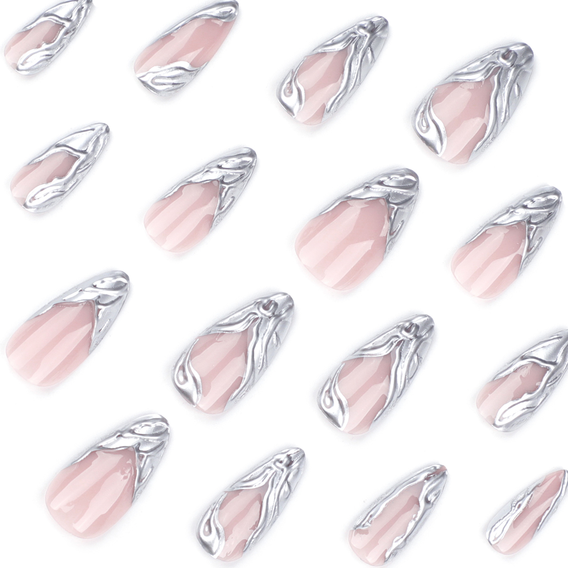 Simple French 3D silver Wear Armor Short Almond Manicure False Nail Removable Nail Finished Products Wholesale