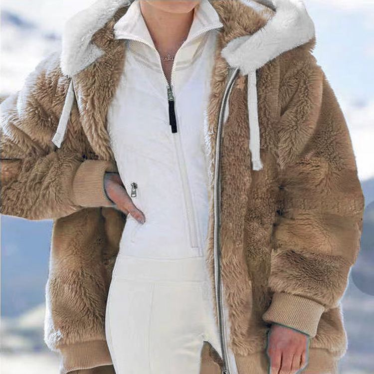 Spot wish independent station 2023 Amazon hot sale new autumn and winter loose plush zipper hooded coat women