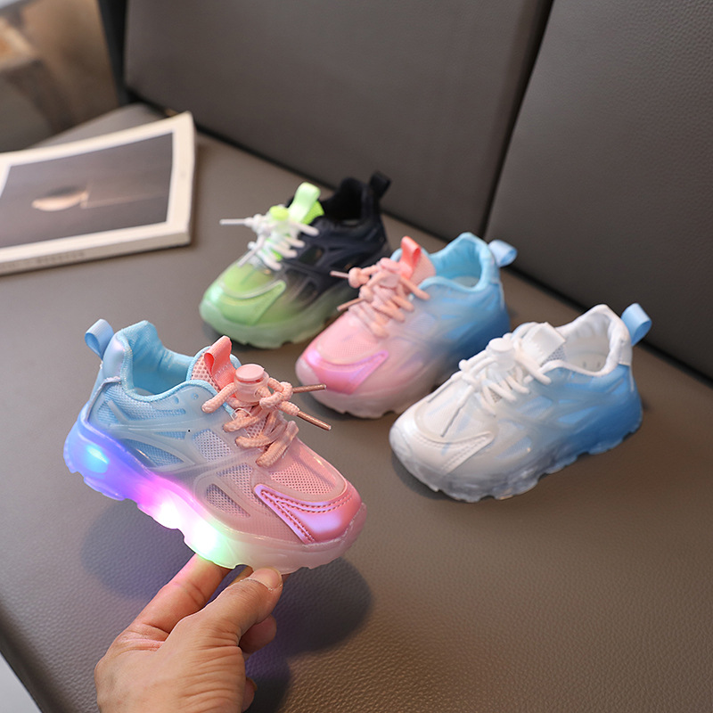 2023 Autumn New Cartoon girls sneaker LED light-on luminous boys gradient color mesh shoes small and medium children's shoes