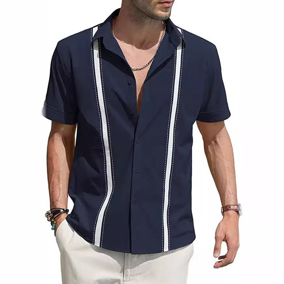 Amazon AliExpress Summer Men's Lapel Colorblock Short Sleeve Linen Shirt Cuban Shagua Abella Shirt