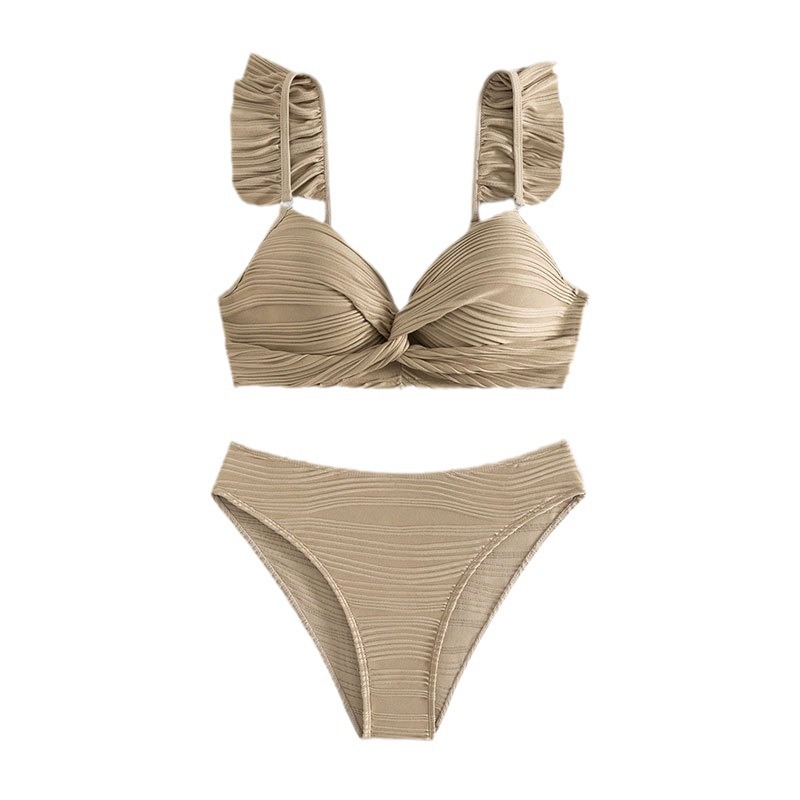 solid color Flying Edge gathered beach bikini European and American high waist triangle hot spring split swimsuit ladies